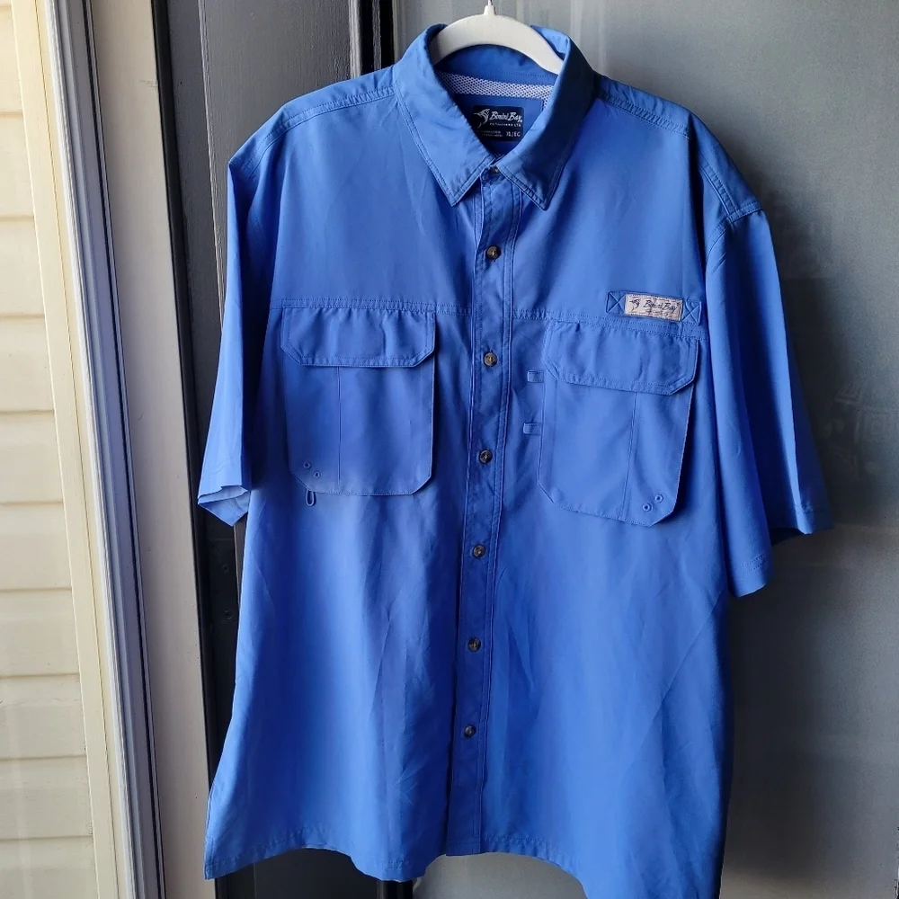 Bimini Bay Outfitters Blue Short Sleeve Fishing Shirt XL Sport Outdoors Collard